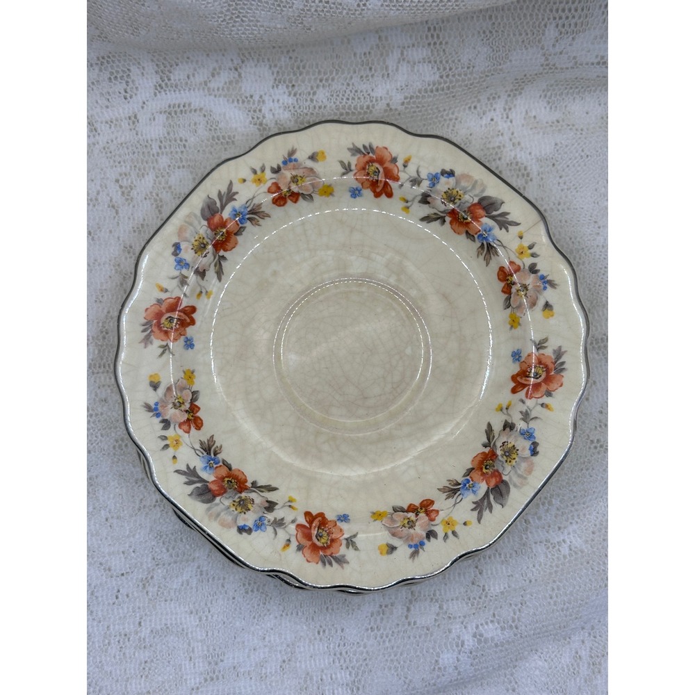 Vintage W. S. George Lido Canarytone Floral Saucers Set of 4 Scalloped Edge 6"
